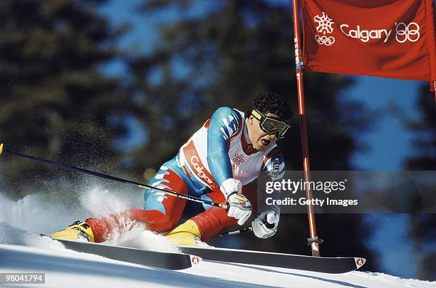 Alberto Tomba of Italy in action during the Mens Giant Slalom ski event on 25 February 1988 during the XV Olympic Winter Games in Calgary, Canada.