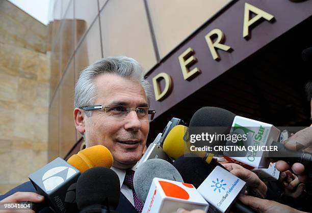 Judge Baltasar Garzon talks to the media during a press conference in Seville on March 25, 2010. Garzon is the subject of a writ filed by a far-right...