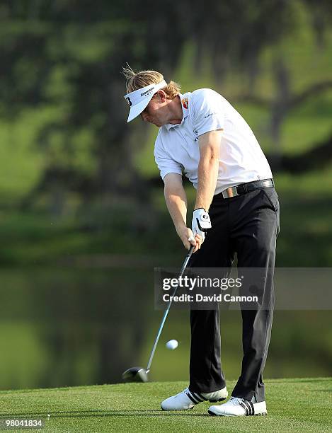 Brandt Snedeker of the USA plays his tee shot at the 16th hole during the first round of the Arnold Palmer Invitational presented by Mastercard at...