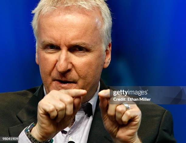 Film director James Cameron speaks during a round-table discussion at the International CTIA Wireless 2010 convention at the Las Vegas Convention...