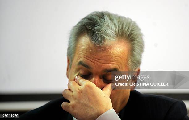 Spanish Judge Baltasar Garzon gestures during a press conference in Seville on March 25, 2010. Garzon is the subject of a writ filed by a far-right...