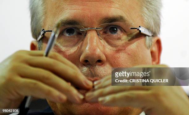 Spanish Judge Baltasar Garzon gestures during a press conference in Seville on March 25, 2010. Garzon is the subject of a writ filed by a far-right...