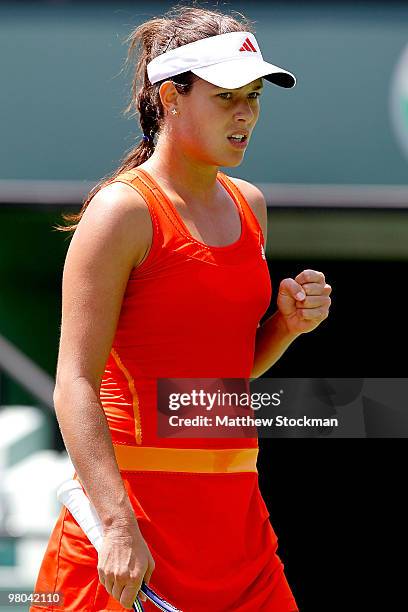 Ana Ivanovic of Serbia reacts after a point against Pauline Parmentier of France during day three of the 2010 Sony Ericsson Open at Crandon Park...