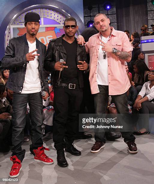 Terrence J., Usher and DJ Prostyles on the set of BET's "106 & Park" at BET Studios on March 24, 2010 in New York City.