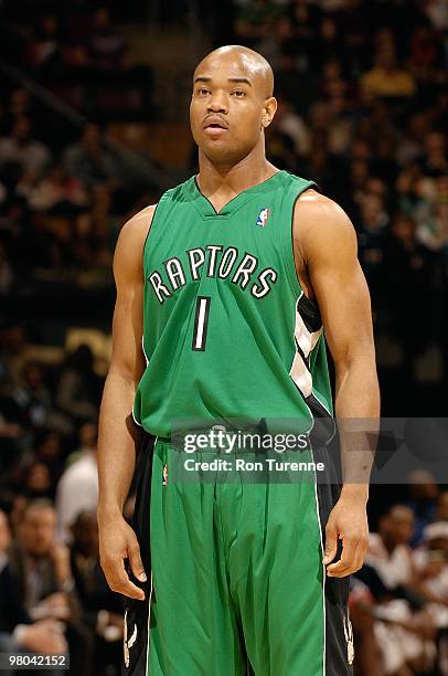 Jarrett Jack of the Toronto Raptors stands on the court during the game against the Atlanta Hawks on March 17, 2010 at Air Canada Centre in Toronto,...