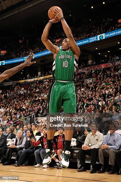 DeMar DeRozan of the Toronto Raptors shoots against the Atlanta Hawks during the game on March 17, 2010 at Air Canada Centre in Toronto, Canada. The...