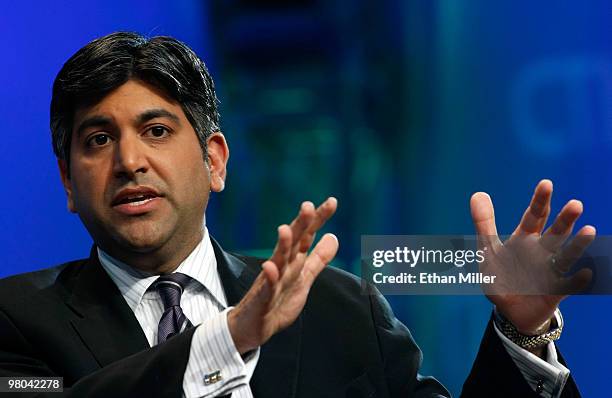 Chief Technology Officer of the United States Aneesh Chopra speaks during a round-table discussion at the International CTIA Wireless 2010 convention...