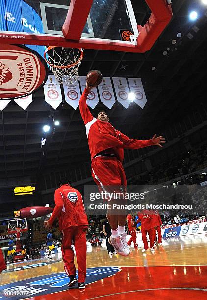 Vasilopoulos Panagiotis, #8 of Olympiacos Piraeus warms up during the Euroleague Basketball 2009-2010 Play Off Game 2 between Olympiacos Piraeus vs...