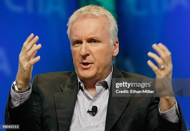 Film director James Cameron speaks during a round-table discussion at the International CTIA Wireless 2010 convention at the Las Vegas Convention...