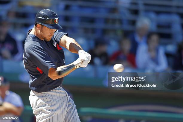 Hardy of the Minnesota Twins bats against the Boston Red Sox on March 6, 2010 at the City of Palms Park in Fort Myers, Florida.