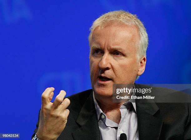 Film director James Cameron speaks during a round-table discussion at the International CTIA Wireless 2010 convention at the Las Vegas Convention...