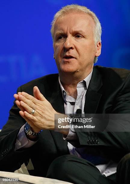 Film director James Cameron speaks during a round-table discussion at the International CTIA Wireless 2010 convention at the Las Vegas Convention...