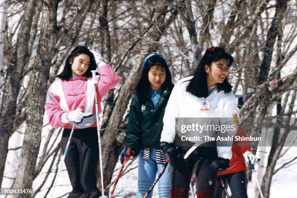 Kiko Kawashima is seen at Madarao Highland Ski Resort on February 1, 1987 in Iiyama, Nagano, Japan.