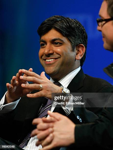 Chief Technology Officer of the United States Aneesh Chopra smiles during a round-table discussion at the International CTIA Wireless 2010 convention...