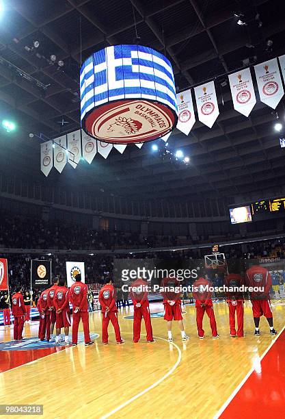 The teams are presented ahead of the Euroleague Basketball 2009-2010 Play Off Game 2 between Olympiacos Piraeus vs Asseco Prokom Gdynia at Peace and...