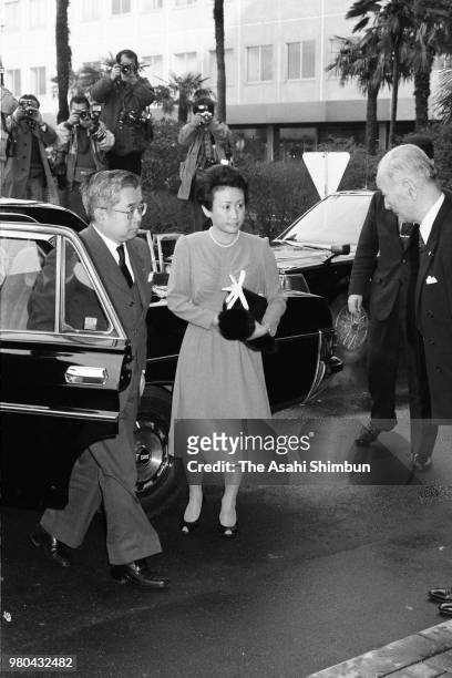 Prince Hitachi and Princess Hanako of Hitachi are seen at Japan Red Cross Medical Center after Prince Takamatsu passed away on February 3, 1987 in...