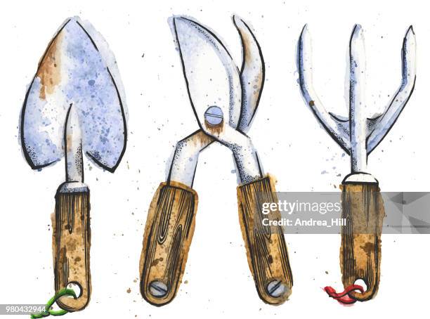 gardening tools watercolor and ink drawing - watercolor flower border stock illustrations