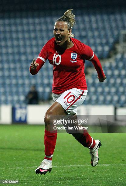 Lianne Sanderson of England celebrates after scoring the first goal during the Womens World Cup Qualifier between England and Austria at Loftus Road...