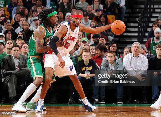 Richard Hamilton of the Detroit Pistons looks to make a move against Marquis Daniels of the Boston Celtics during the game at The TD Garden on March...