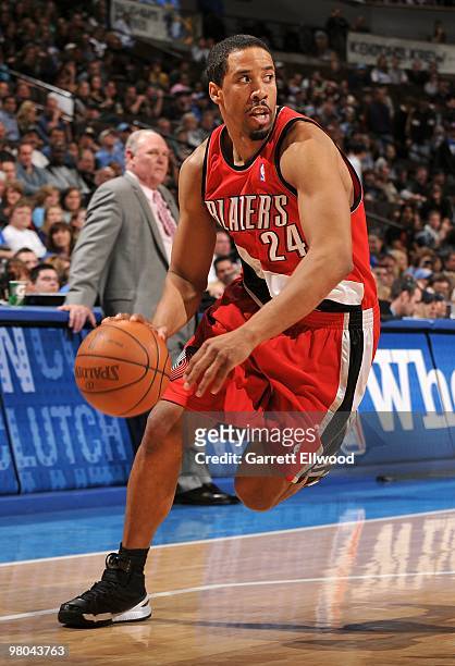 Andre Miller of the Portland Trail Blazers moves the ball up court during the game against the Denver Nuggets at Pepsi Center on March 7, 2010 in...