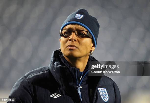 England manager Hope Powell looks on during the Womens World Cup Qualifier between England and Austria at Loftus Road on March 25, 2010 in London,...