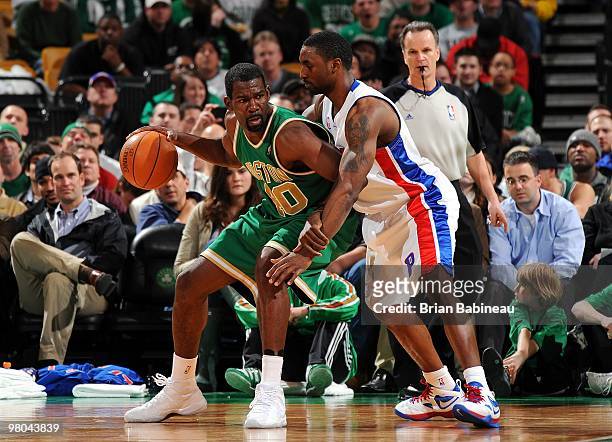Michael Finley of the Boston Celtics posts up against Ben Gordon of the Detroit Pistons during the game at The TD Garden on March 15, 2010 in Boston,...