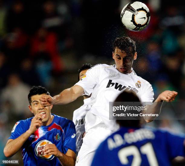 Alvaro Arbeloa of Real Madrid fights for a high ball during the La Liga match between Getafe and Real Madrid at Coliseum Alfonso Perez on March 25,...