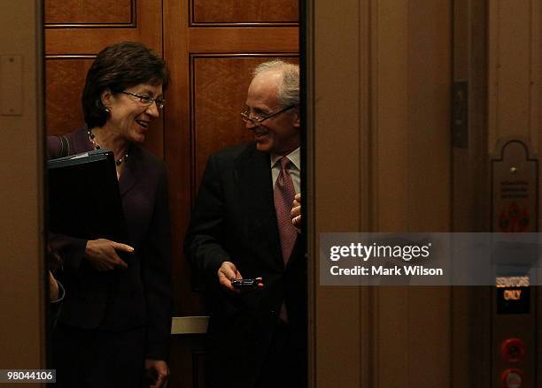 Sen. Bob Corker and Sen. Susan Collins get in an elevator after the Senate voted on health care on Capitol Hill on March 25, 2010 in Washington, DC....