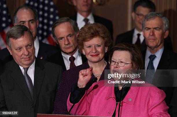 Flanked by Senate Democrats, Sen. Barbara Mikulski speaks after the Senate voted on health care on Capitol Hill, March 25, 2010 in Washington, DC....