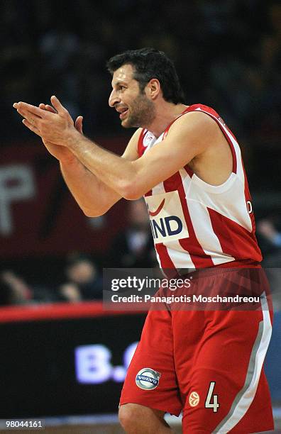 Theodoros Papaloukas, #4 of Olympiacos Piraeus reacts during the Euroleague Basketball 2009-2010 Play Off Game 2 between Olympiacos Piraeus vs Asseco...