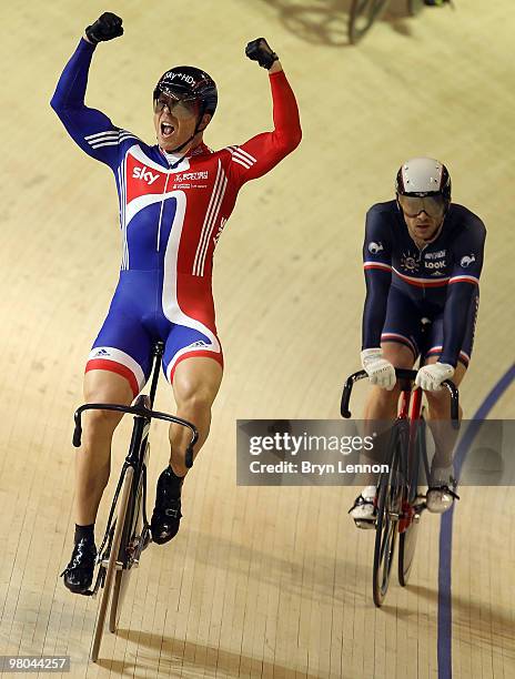Sir Chris Hoy of Great Britain celebrates winning the Men's Keirin on Day Two of the UCI Track Cycling World Championships at the Ballerup Super...