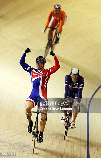 Sir Chris Hoy of Great Britain celebrates winning the Men's Keirin on Day Two of the UCI Track Cycling World Championships at the Ballerup Super...