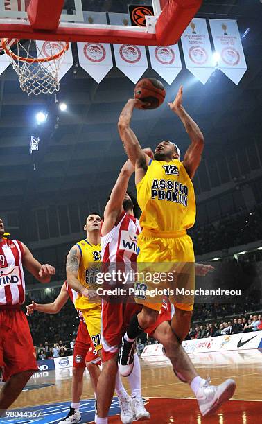 David Logan of Asseco Prokom Gdynia in action during the Euroleague Basketball 2009-2010 Play Off Game 2 between Olympiacos Piraeus vs Asseco Prokom...