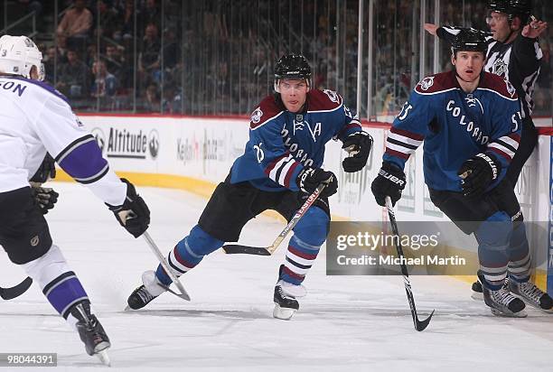 Paul Stastny of the Colorado Avalanche skates against the Los Angeles Kings at the Pepsi Center on March 24, 2010 in Denver, Colorado. The Avalanche...