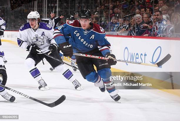 Paul Stastny of the Colorado Avalanche skates against the Los Angeles Kings at the Pepsi Center on March 24, 2010 in Denver, Colorado. The Avalanche...