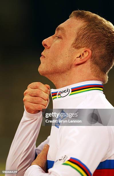 Sir Chris Hoy of Great Britain pulls on his rainbow jersey after winning the Men's Keirin on Day Two of the UCI Track Cycling World Championships at...