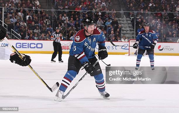 Milan Hejduk of the Colorado Avalanche skates against the Los Angeles Kings at the Pepsi Center on March 24, 2010 in Denver, Colorado. The Avalanche...