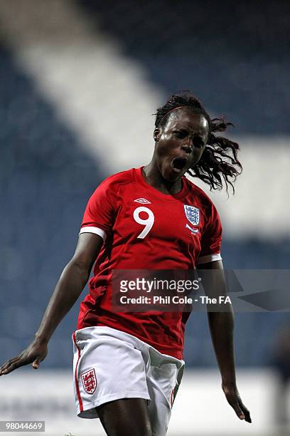 Eniola Aluko of England celabrates after scoring during the FIFA Womens World Cup 2011 Qualifier between England and Austria at Loftus Road on March...