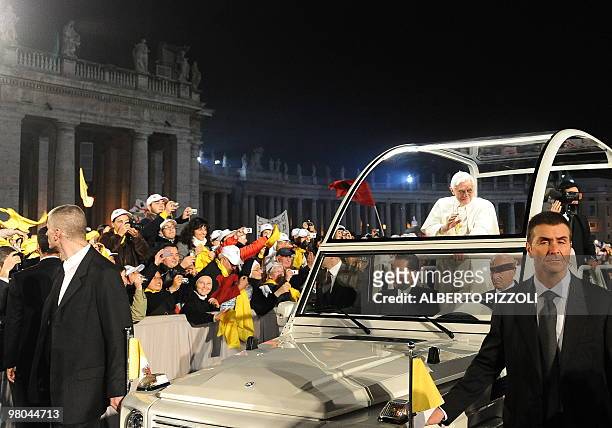 Pope Benedict XVI waves as arrives to lead the meeting with the youth of Rome and the Lazio region in preparation for World Youth Day in St.Peters...