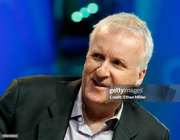 Film director James Cameron laughs during a round-table discussion at the International CTIA Wireless 2010 convention at the Las Vegas Convention...