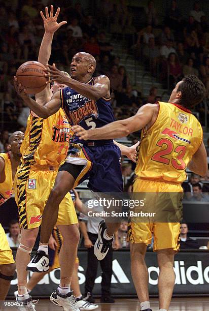 Derek Rucker of West Sydney drives towards the basket during the National Basketball League match between the West Sydney Razorbacks and Melbourne...