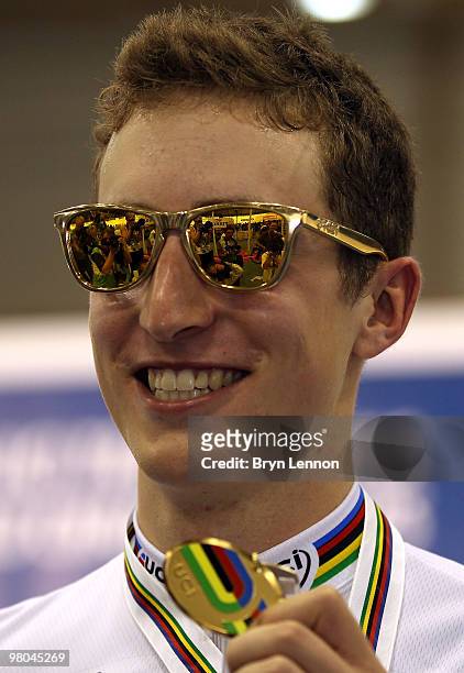 Taylor Phinney of the USA poses with his gold medal after winning the Men's Individual Pursuit on Day Two of the UCI Track Cycling World...