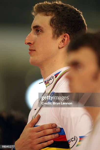 Taylor Phinney of the USA stands on the podium after winning the Men's Individual Pursuit on Day Two of the UCI Track Cycling World Championships at...
