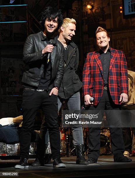 Billie Joe Armstrong, Mike Dirnt and Tre Cool of Green Day on stage during the "American Idiot" final soundcheck at St. James Theatre on March 23,...