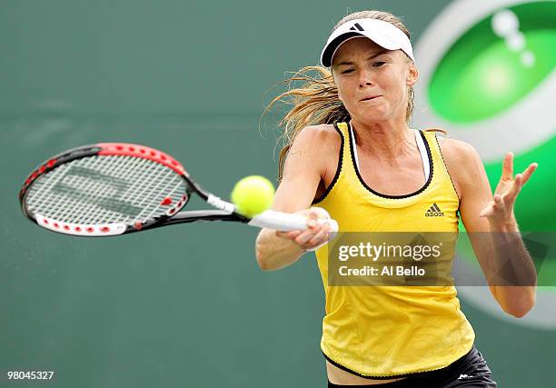 Daniela Hantuchova of Slovakia returns a shot against Patty Schnyder of Switzerland during day three of the 2010 Sony Ericsson Open at Crandon Park...