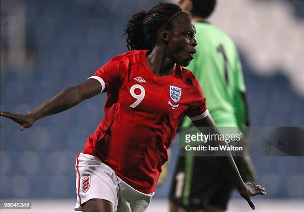 Eniola Aluko of England celebrates after scoring a goal during the Womens World Cup Qualifier between England and Austria at Loftus Road on March 25,...