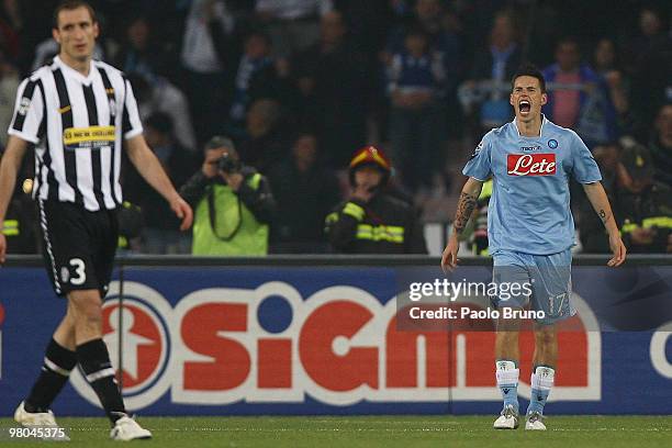 Marek Hamsik of SSC Napoli celebrates his goal during the Serie A match between SSC Napoli and Juventus FC at Stadio San Paolo on March 25, 2010 in...