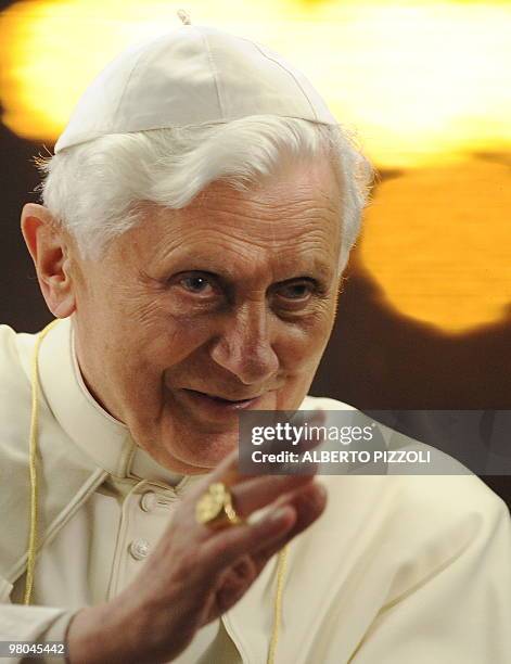 Pope Benedict XVI salutes as arrives to lead the meeting with the youth of Rome and the Lazio region in preparation for World Youth Day in St.Peters...