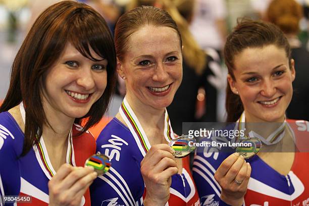 Joanna Rowsell, Wendy Houvenaghel and Elizabeth Armitstead pose with their medals after finishing second in the Women's Team Pursuit on Day Two of...
