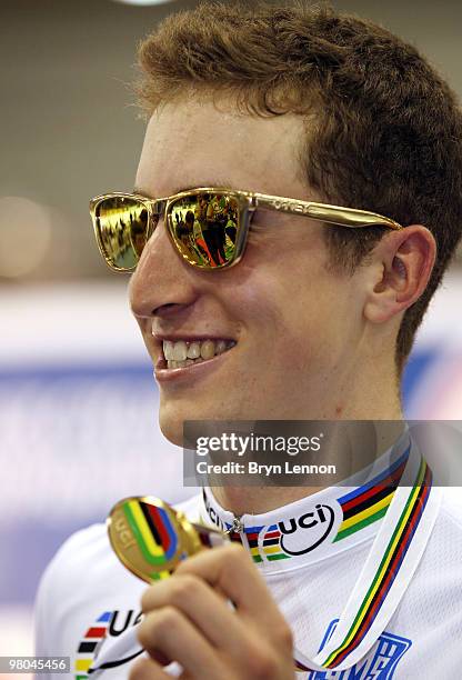 Taylor Phinney of the USA poses with his gold medal after winning the Men's Individual Pursuit on Day Two of the UCI Track Cycling World...